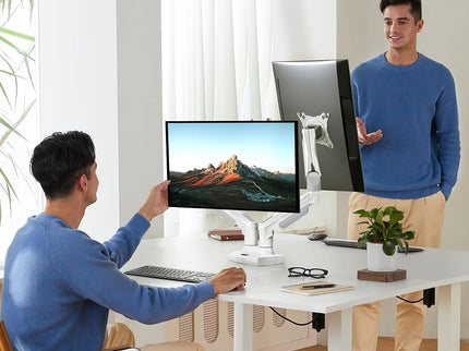 HUANUO Dual Monitor Stand – Adjustable Desk Mount with C-Clamp & Grommet Base, Fits 13–32" Screens, 4.4–19.8 lbs per Arm – White