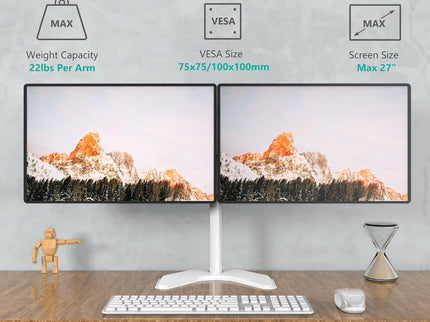 WALI Dual Monitor Desk Stand – Free-Standing, Fits 2 Monitors up to 27", 22 lbs per Arm, Fully Adjustable, VESA 100x100mm – White (MF002-W)