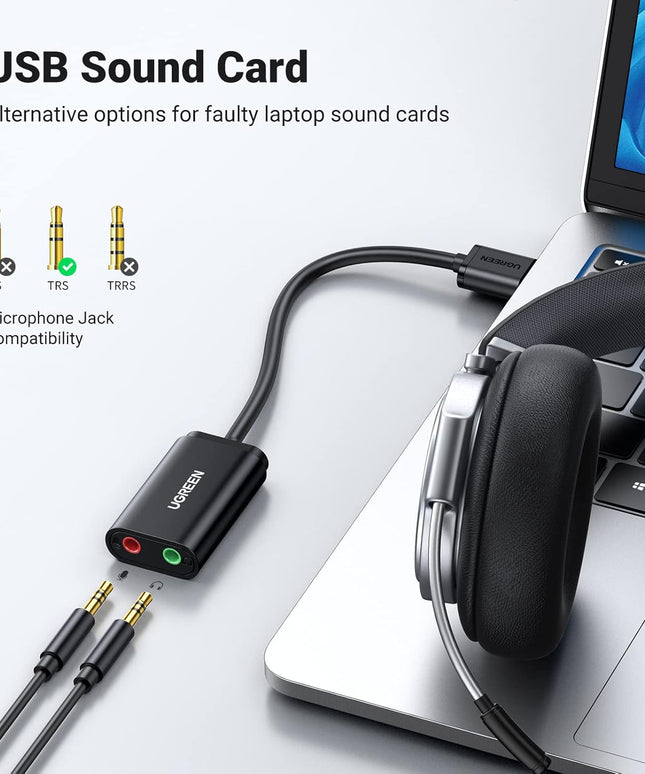 UGREEN USB to Audio Jack Sound Card Adapter with Dual TRS 3-Pole 3.5mm Headphone and Microphone USB to Aux 3.5mm External Audio Converter for Windows Mac Linux PC Laptops Desktops PS5 Switch 2