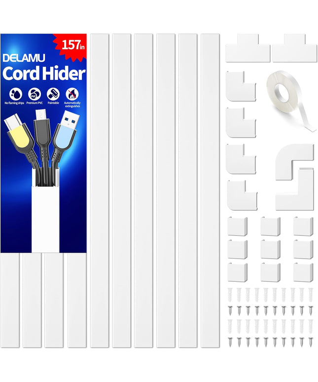 Delamu Cord Hider, 157in Wire Covers for Cords on Wall, Premium Cable Hider Cord Covers for Wires, Cable Management Wire Hiders for TV, Cable Raceway Kit, W0.95 H0.55in, White