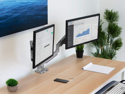 Mount-It! Dual Monitor Arm Desk Stand – Articulating Mechanical Spring, Height Adjustable, Fits 24–32" VESA 75/100 Screens, C-Clamp & Grommet, 2 x USB 3.0 Ports