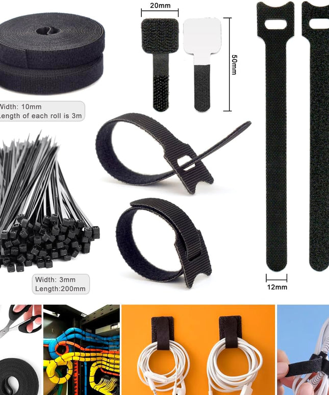 ZIIYAN 163 PCS Cable Management Kit, 3 Wire Organizer Sleeve, 8 Self Adhesive Cable Holder, 25 Cord Clips, 20+2 Roll Reusable Cable Straps and 100 Fastening Cable Ties for Computer TV Under Desk