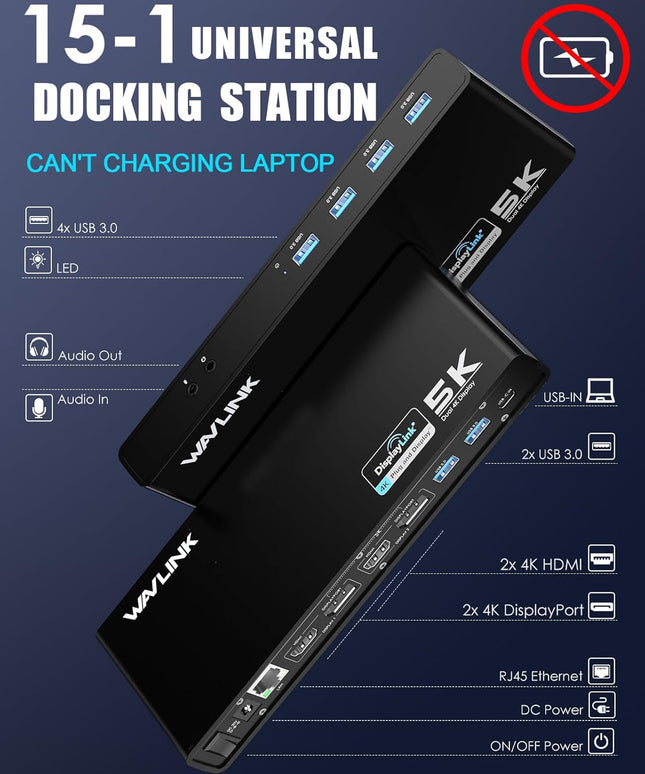 WAVLINK Pro Dual 4K@60Hz Universal Docking Station | USB 3.0/USB-C Laptop Dock for Mac & Windows | 2 HDMI/DP Monitors, Gigabit Ethernet, 6 USB 3.0 | Home Office & Multi-Screen Productivity.