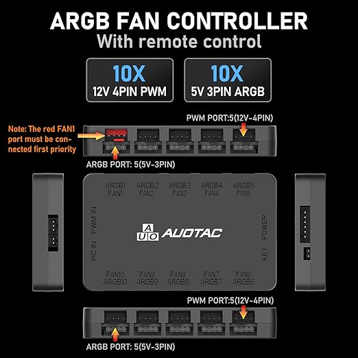 ARGB/PWM Fan Hub with RF Remote – 10 Fans, Dual SATA, Magnetic (Black)