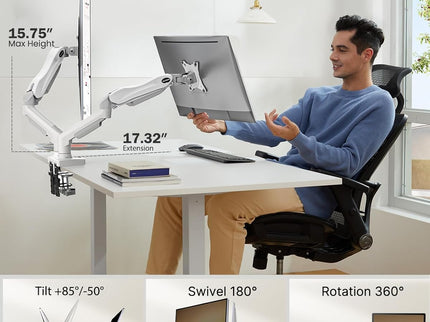 HUANUO Dual Monitor Stand – Adjustable Desk Mount with C-Clamp & Grommet Base, Fits 13–32" Screens, 4.4–19.8 lbs per Arm – White