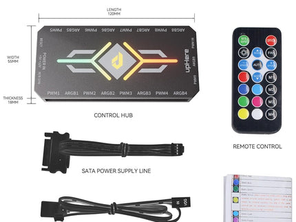 upHere PWM & 5V ARGB Magnetic Fan Hub – 1-9 Port, Remote Control, SATA Powered, Black
