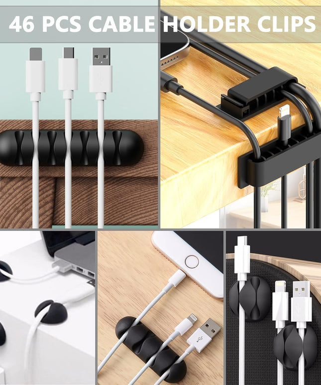 ELII 300PCS Cable Management Kit,4 Cable Sleeve 35 Cable Clips with 11Cord Holders,20 Roll Cable Organizer Straps and 200 Fastening Cable Ties,20 Cable Zip Tie Mounts for Computer TV Under Desk