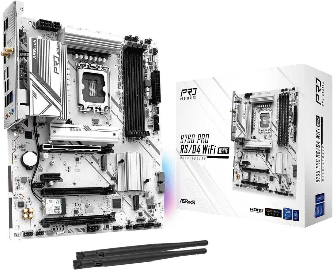 ASRock B760 Pro RSD4 WiFi White ATX Motherboard | Supports 14th/13th/12th Gen Intel | DDR4 5333+ (OC) | WiFi 6E | 2.5G LAN | White Design | Pre-Installed I/O Shield