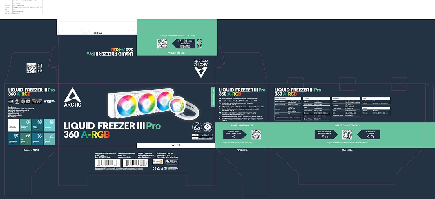 ARCTIC Liquid Freezer III Pro 360 A-RGB AIO CPU Liquid Cooler – 120mm Fans, 38mm Radiator, VRM Fan, AM5/AM4 & LGA1851/1700 – White