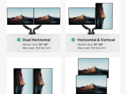 HUANUO Dual Monitor Stand – Adjustable Desk Mount with C-Clamp & Grommet Base, Fits 13–32" Screens, 4.4–19.8 lbs per Arm