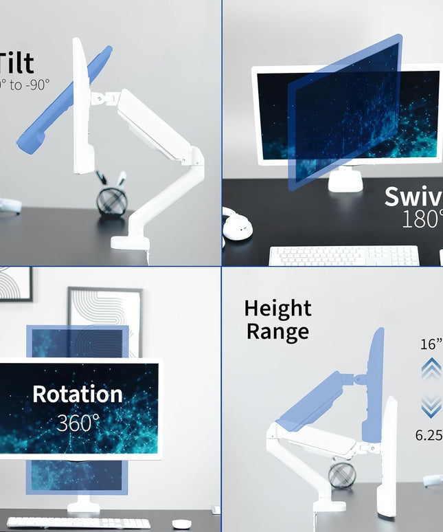 VIVO Single Monitor Desk Mount – Mechanical Arm, Fits 17–32" Screens, Height Adjustable, VESA Compatible – White, STAND-V001OW