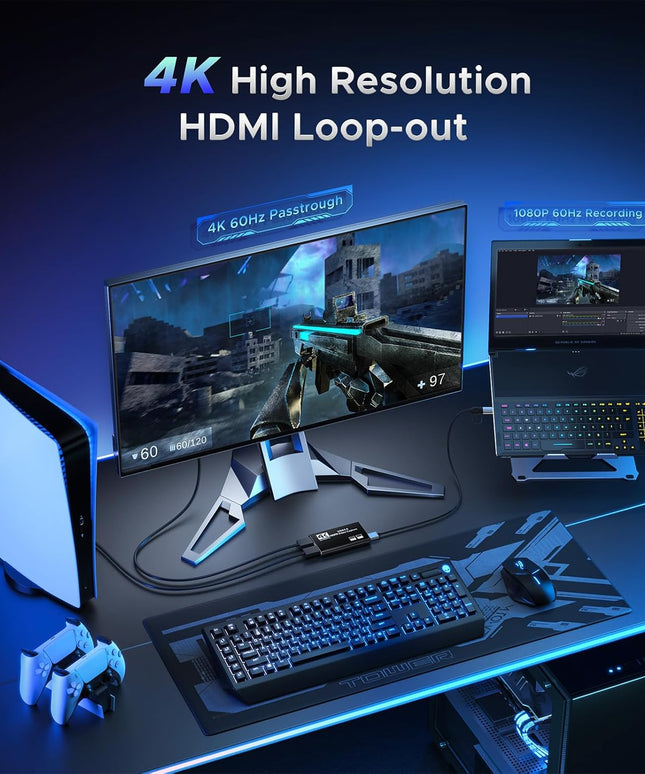 Video Capture Card, USB 3.0 Capture Card 4K HDMI Loop-Out, 1080P 60FPS/2K 30FPS Video Game Capture for Works for PS5/Camera/PC