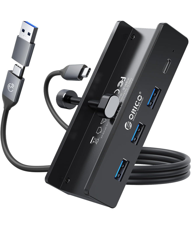 ORICO USB Hub 3.0, Clamp USB Hub with Extra Power Supply Port, Aluminum 4-Port USB Adapter with 3 USB-A Data Ports, USB-C Port for Monitors, Desks (Black)
