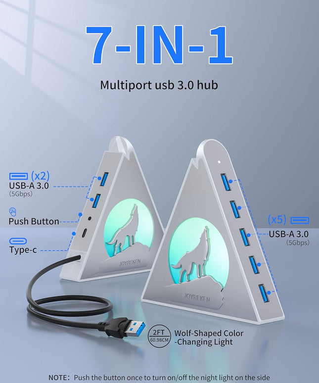 7 Port USB Hub, JoyReken USB 3.0 Hub with 2 FT Long Cable, Vertical USB Extension Hub for Laptop, MacBook,Xbox,PS4/5, Flash Drive, XPS, PC, Flash Drive, Game Console, Printer, Keyborad, Mouse (Silver)