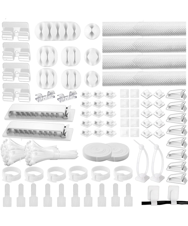 [313Pcs] Cable Management Kit, 67 Adhesive Cable Clips, Topavatop Desk Cord Organizer, 22 Reusable Cable Strap, 4 Cable Sleeve Split, 200 Nylon Cable Zip Ties with 20 Mounts for TV Office Home, White