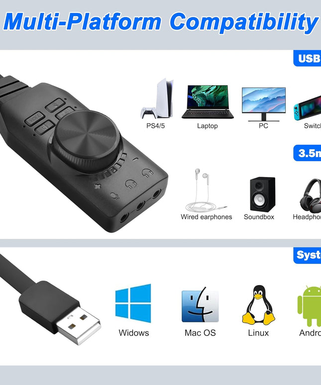 MEIRIYFA External USB Sound Card Virtual 7.1 Surround Sound USB 2.0 Sound Card Adapter for PC with Volume Control, USB to 3.5mm Jack Audio Adapter Cable Plug and Play