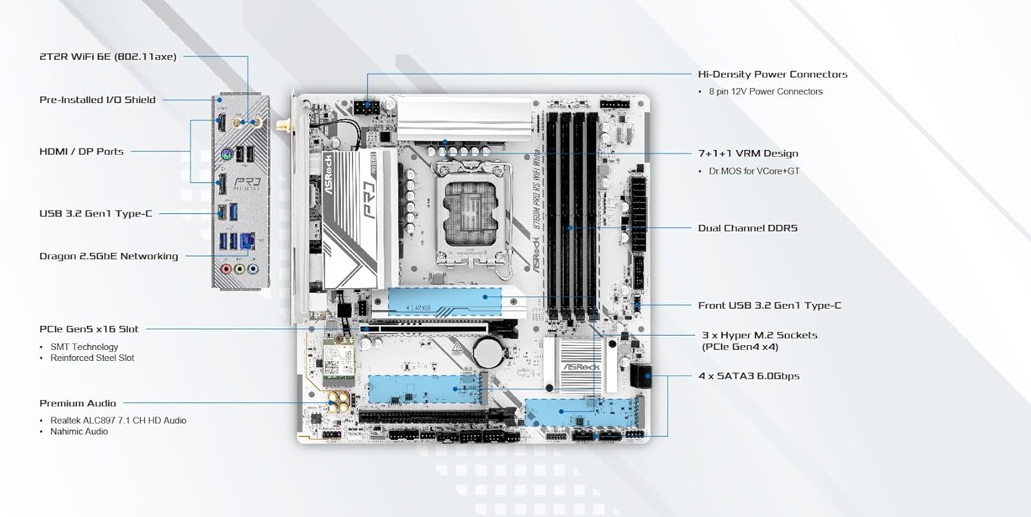 Asrock B760M Pro RS WiFi White Intel Micro ATX Motherboard DDR5 DIMM 7200 MHz 256 GB LGA1700 SATA3 6.0 Gb/s LED M.2