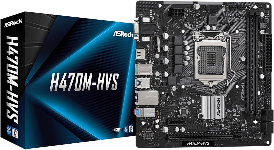 ASRock H470M-HVS Micro-ATX Motherboard: Intel 10th Gen LGA1200, DDR4 2933MHz, HDMI/D-Sub, 4X SATA3, 4X USB 3.2 Gen1, Realtek ALC897