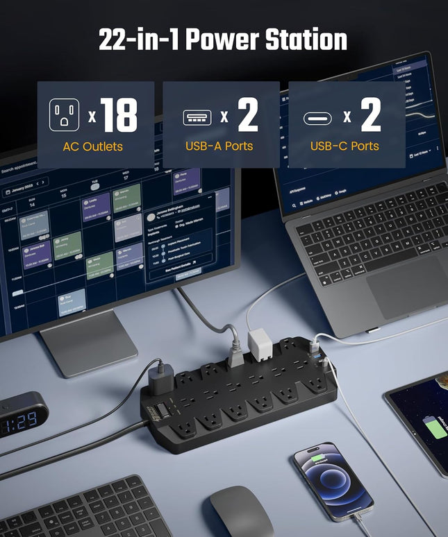 Surge Protector Power Strip, SUPERDANNY 18 AC Outlets with 4 USB Ports