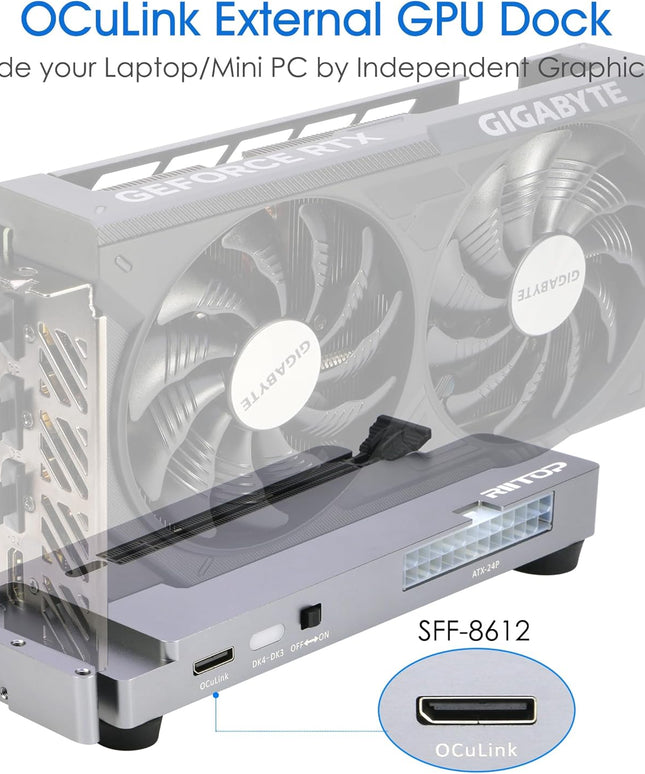 RIITOP OCuLink eGPU Dock 64Gpbs Oculink SFF-8612 External GPU Enclosure for PCIe 4.0 x16 Graphics Cards