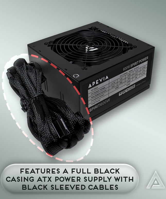 Apevia SPIRIT600W Spirit 600W ATX Power Supply with Auto-Thermally Controlled 120mm Fan, 115/230V Switch, All Protections