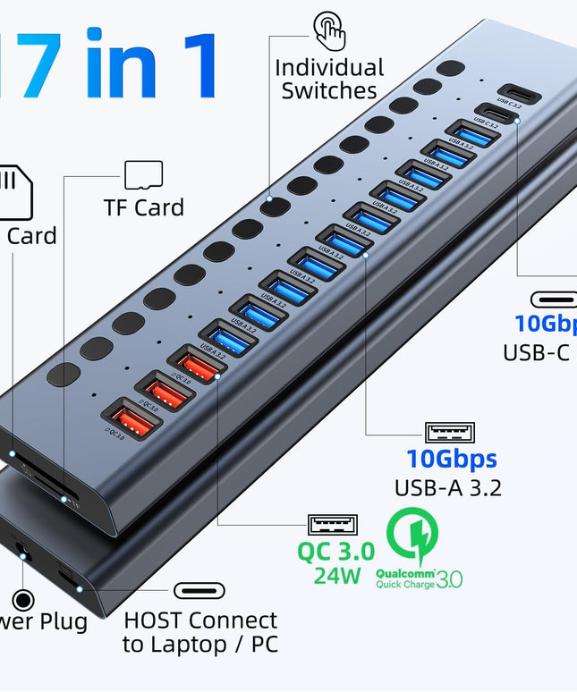 Powered USB Hub 10Gbps, 17 Ports 96W USB 3.2 Hub