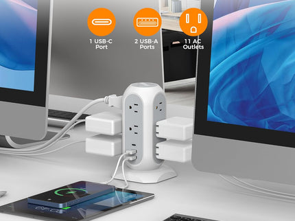 Tower Power Strip Flat Plug with 11 Outlets 3 USB (1 USB C)