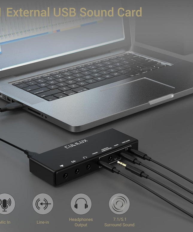 Cubilux 7.1 USB Surround Sound Card- 48KHz-384KHz Sample Rate for Headphones, Full Aluminum Alloy USB A External Sound Card for Laptop PC-Supports Line-in & Stereo Mic in