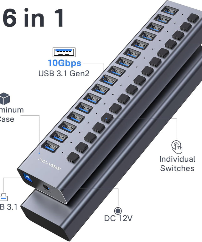 Powered USB 3.1 Hub, ACASIS 16 Ports USB 3.1 Hub with 10Gbps Data Speed，Aluminum Housing, USB Hub Powered with 96W Power Adapter, USB Hub for PC/Laptop, Computer, Flash Drive, Printer, Camera