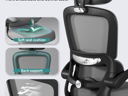 TRALT Ergonomic Office Chair – Mesh, High Back, Wheels – Black Grey