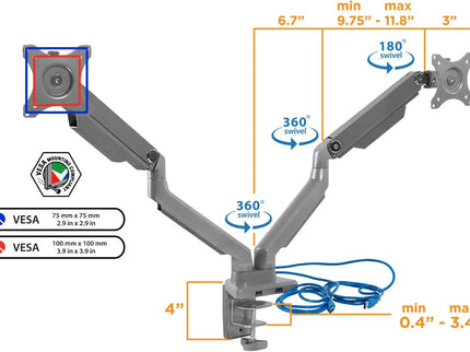 Mount-It! Dual Monitor Arm Desk Stand – Articulating Mechanical Spring, Height Adjustable, Fits 24–32" VESA 75/100 Screens, C-Clamp & Grommet, 2 x USB 3.0 Ports