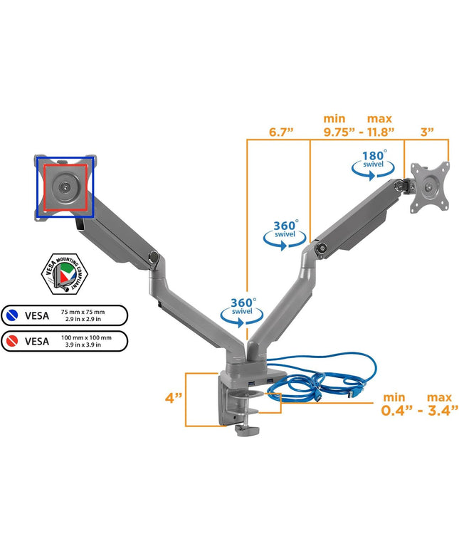 Mount-It! Dual Monitor Arm Desk Stand – Articulating Mechanical Spring, Height Adjustable, Fits 24–32" VESA 75/100 Screens, C-Clamp & Grommet, 2 x USB 3.0 Ports