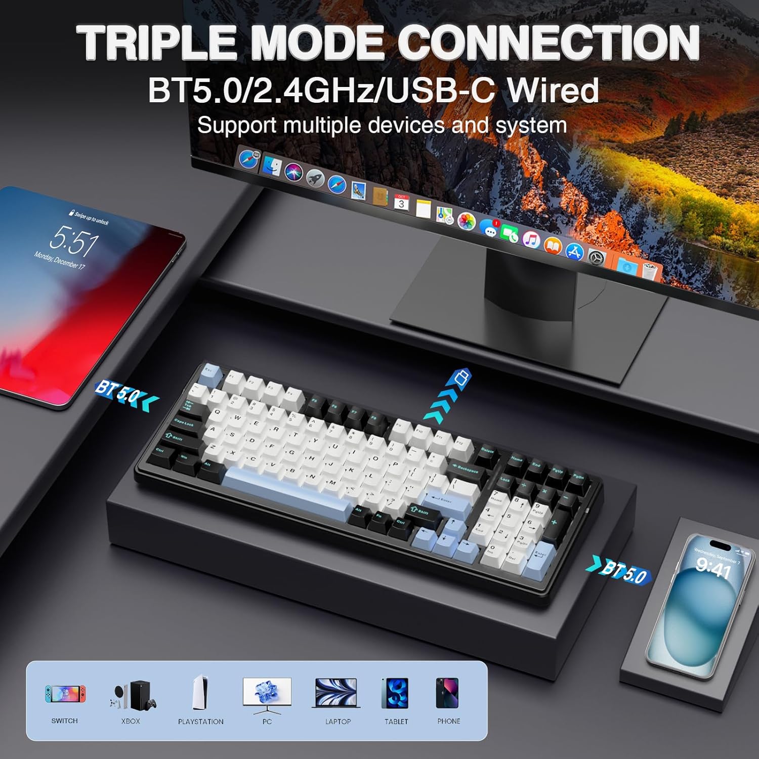 AULA F99 Wireless Mechanical Keyboard – Tri-Mode BT5.0/2.4GHz/USB-C, Pre-Lubed Linear, RGB Backlit