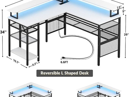 Unikito L-Shaped Desk – White, Reversible with LED Strip