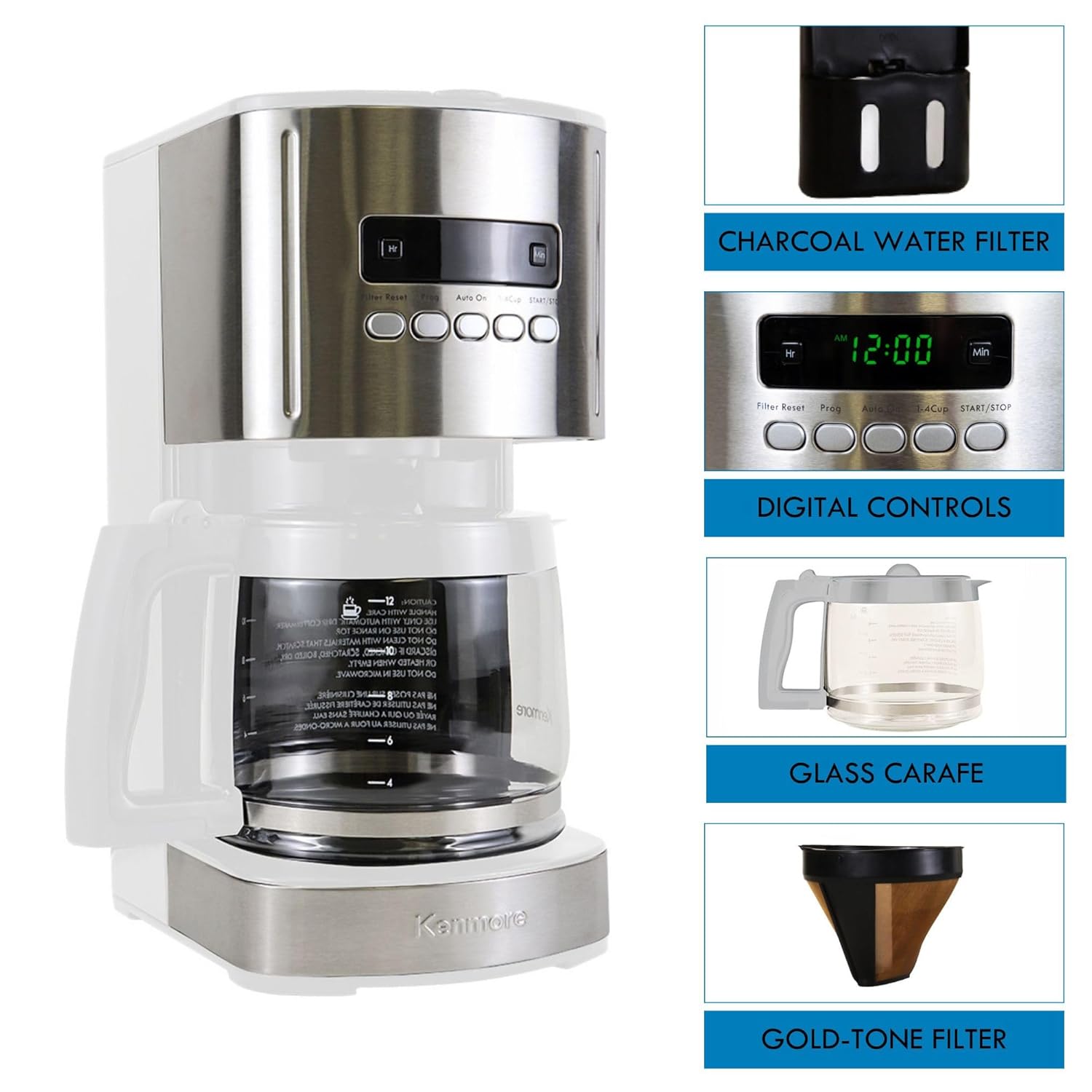 Kenmore Drip Coffee Maker - 12 Cup Programmable Cafe Machine With Glass Pot