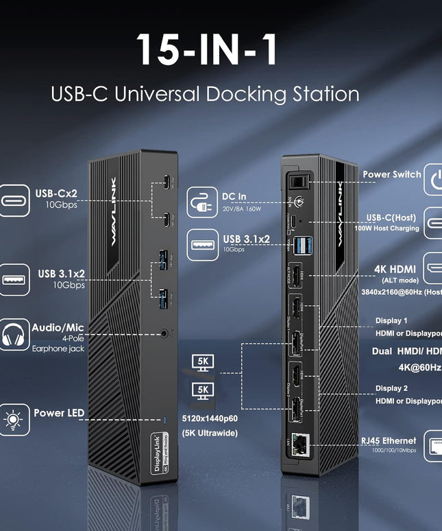 WAVLINK DisplayLink Docking Station Triple Monitor 4K@60Hz for 3 Monitors