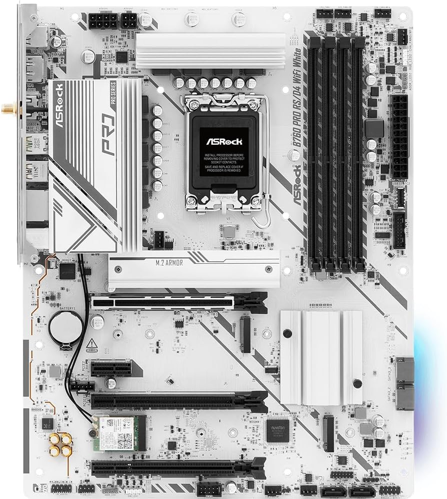 ASRock B760 Pro RSD4 WiFi White ATX Motherboard | Supports 14th/13th/12th Gen Intel | DDR4 5333+ (OC) | WiFi 6E | 2.5G LAN | White Design | Pre-Installed I/O Shield