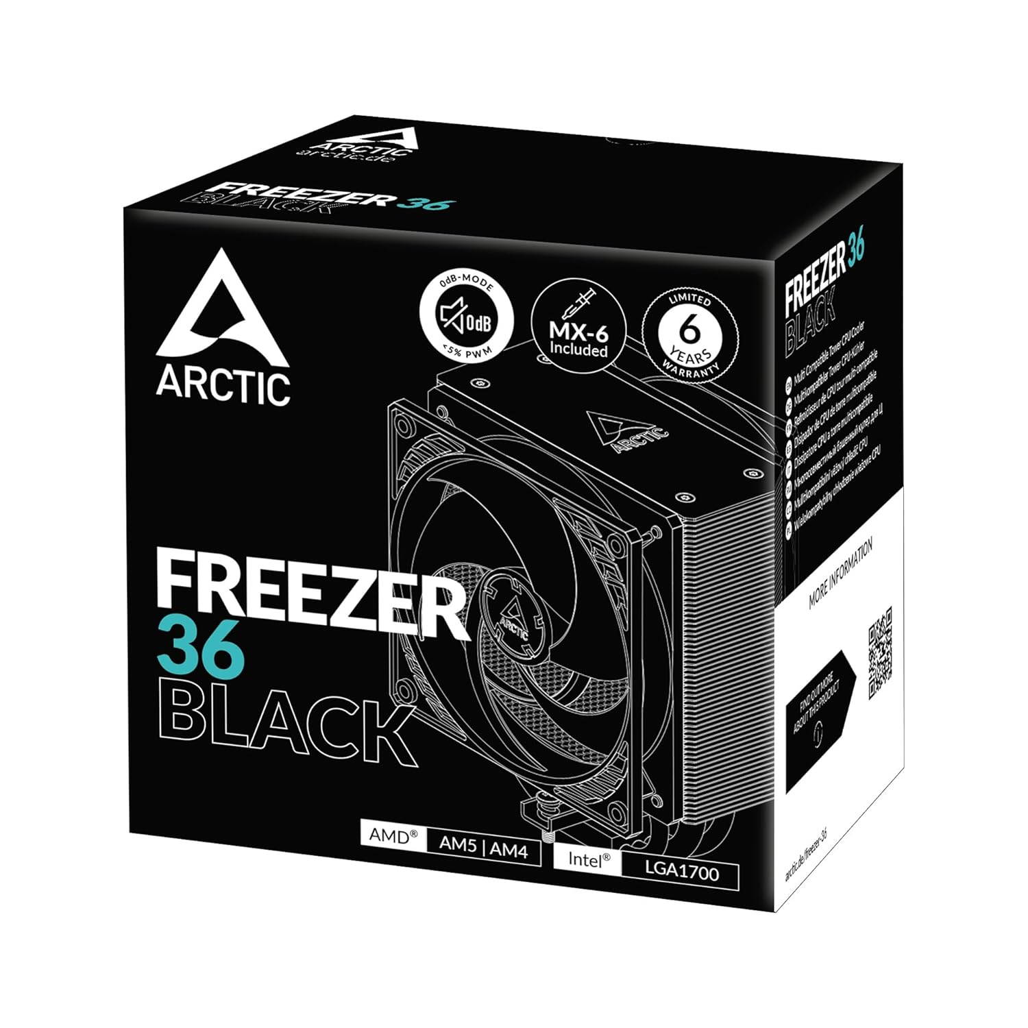 ARCTIC Freezer 36 CPU Cooler – Single Tower, Push-Pull 120mm P-Fans, 4 Heat Pipes, 200–1800 RPM, MX-6 Thermal Paste – Black