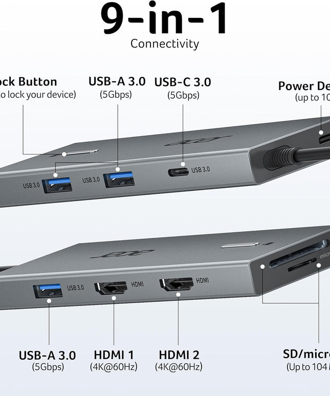 Acer USB C Docking Station Dual Monitor with 2 HDMI, 9-in-1 Laptop Docking Station with 4K@60Hz HDMI, USB A&C 3.0, SD/Micro SD, 100W PD, USB C Dock Compatible with Acer/Dell XPS/HP/Mac/Surface etc