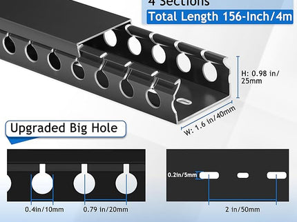ZhiYo Cable Raceway – 156" (4×39") PVC Under Desk Cord Organizer