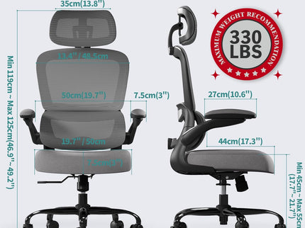 TRALT Ergonomic Office Chair – Mesh, High Back, Wheels – Black Grey