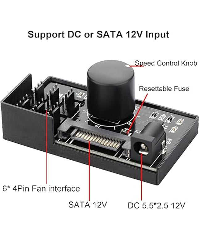 4-Pin 12V PWM Fan Hub – 6 Fans, SATA/DC Powered, 60W Output