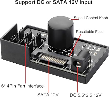4-Pin 12V PWM Fan Hub – 6 Fans, SATA/DC Powered, 60W Output