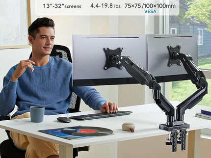 HUANUO Dual Monitor Stand – Adjustable Desk Mount with C-Clamp & Grommet Base, Fits 13–32" Screens, 4.4–19.8 lbs per Arm