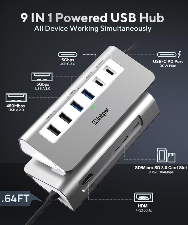 USB C Hub, INTPW 9-in-1 USB C Hub Multiport Adapter with 4K HDMI, PD 100W, Type-C and 2 USB A 3.0 5Gbps, 2 USB A 2.0, SD/TF Card Reader, Aluminum USB Hub for Laptop, iPhone 16/15 Series, MacBook, iPad