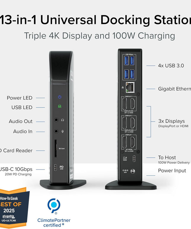 Plugable 13-in-1 USB C Docking Station 4K Triple Monitor with 100W Power Delivery | USB C Dock for Windows, Mac, ChromeOS, Thunderbolt | Driver Required | 3X HDMI and 3X DisplayPort (UD-ULTC4K)