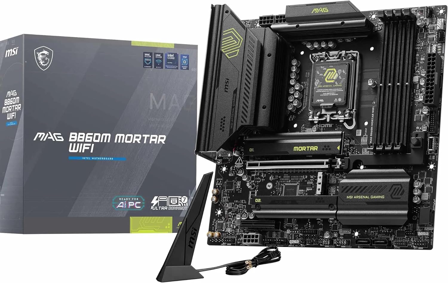MAG B860M Mortar WiFi Motherboard, mATX - Supports Intel Core Ultra Processors (Series 2), LGA 1851 - DDR5 Memory Boost 9200+ MT/s OC, 1 x PCIe 5.0 x16, 1 x M.2 Gen5, 5G LAN, Wi-Fi 7