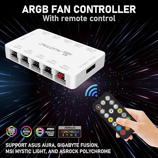 ARGB Controller & PWM Fan Hub with RF Remote – Supports 10 Fans, 5V ARGB & 12V PWM, Dual SATA, White