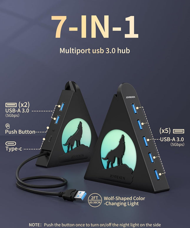 7-Port USB 3.0 Hub, Vertical USB Hub Splitter with RGB Lighting
