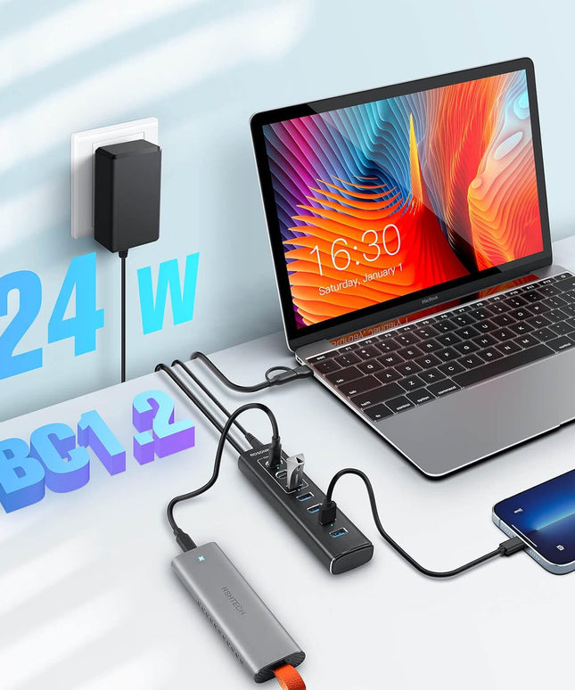 Powered USB Hub, Rosonway 7-Port USB 3.2/USB C Hub